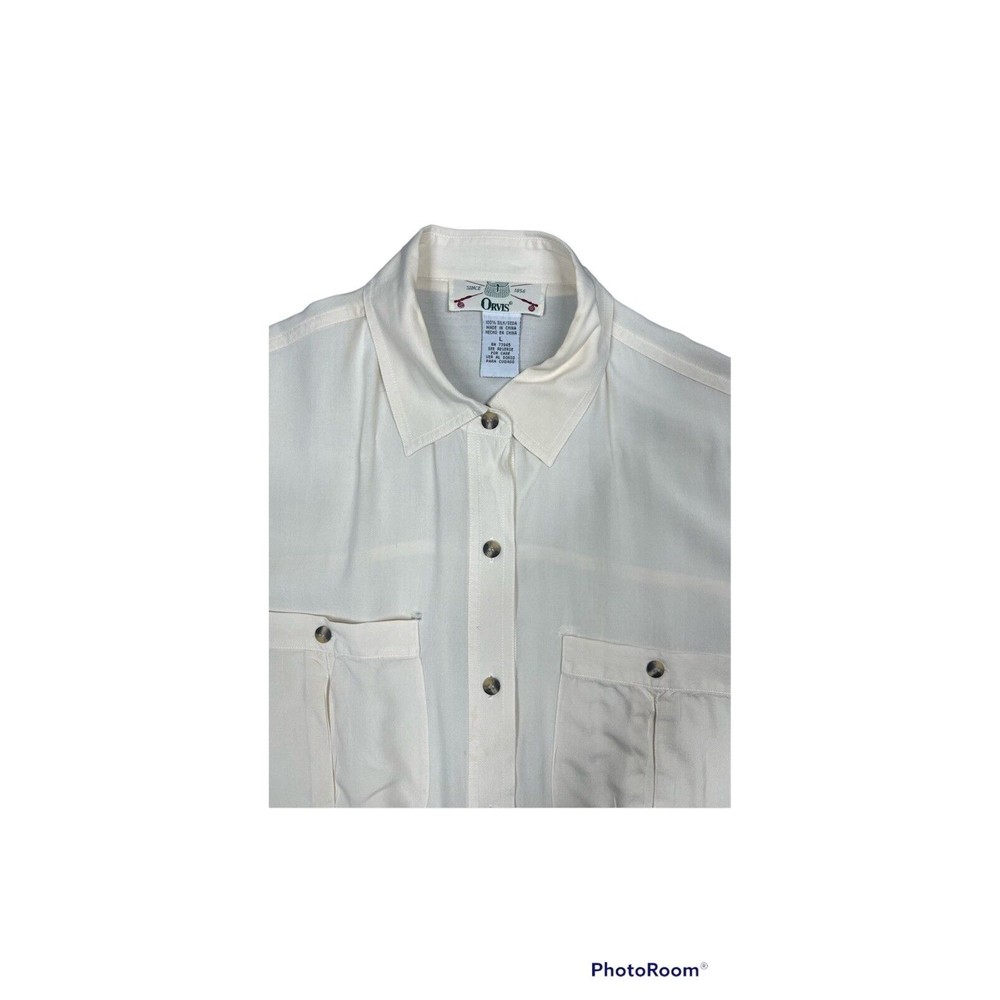 VTG Orvis 100% Silk Vintage Short Sleeve Cream Beige Button Down Fishing Shirt L